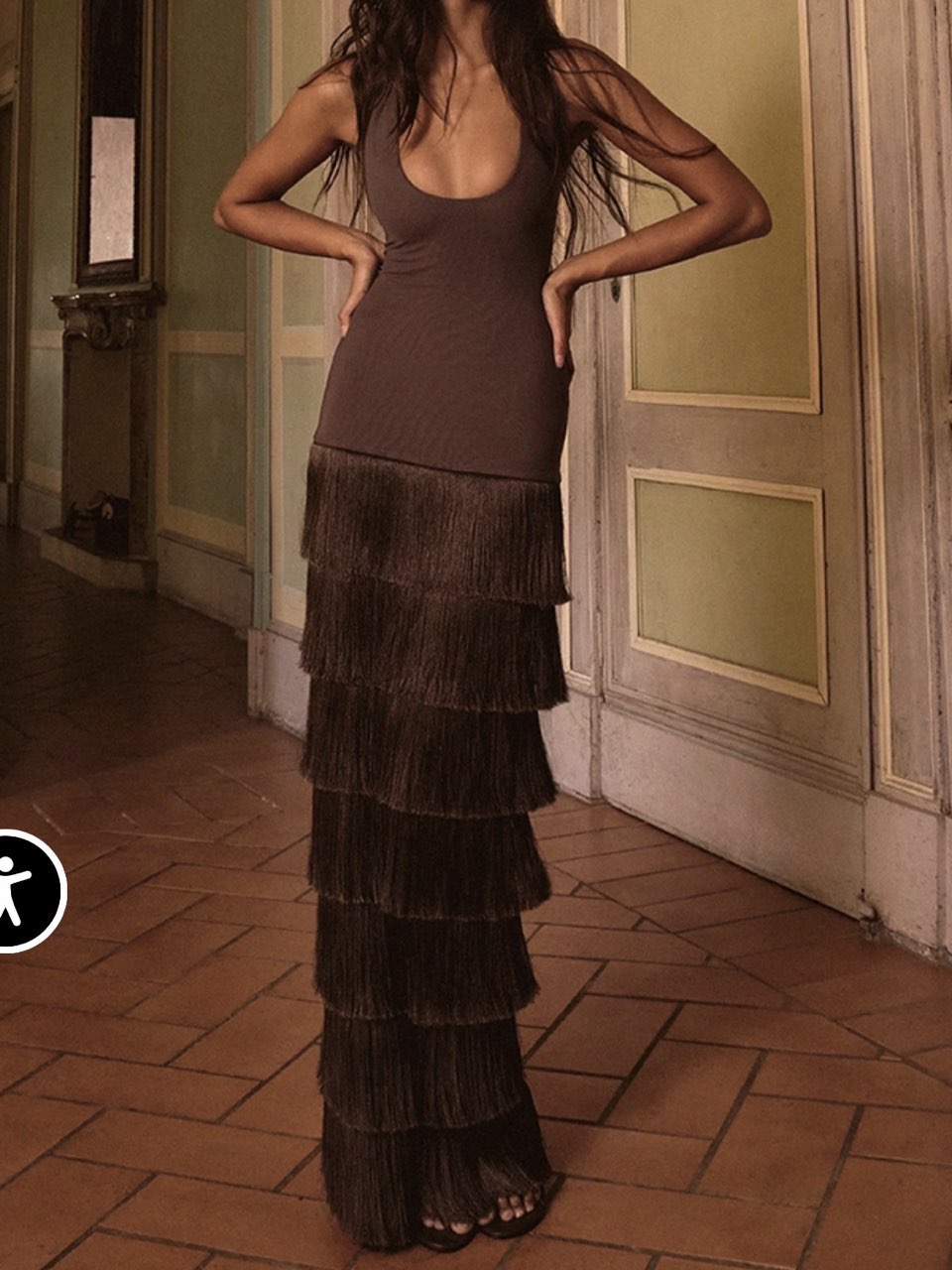 Brown fringe maxi dress