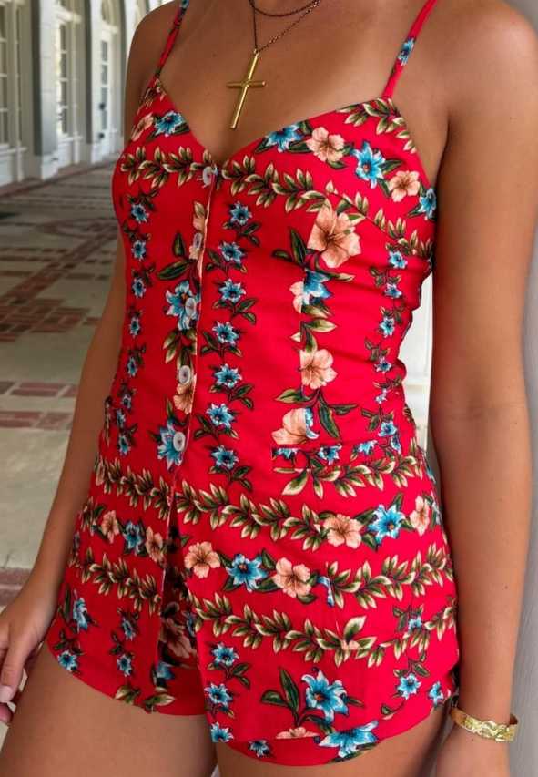 Red Floral Button-Front Romper