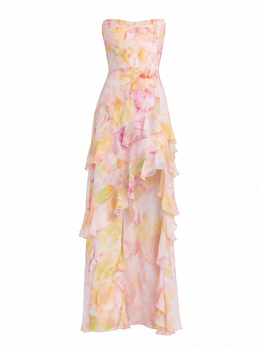 Floral Ruffled Strapless Maxi Dress