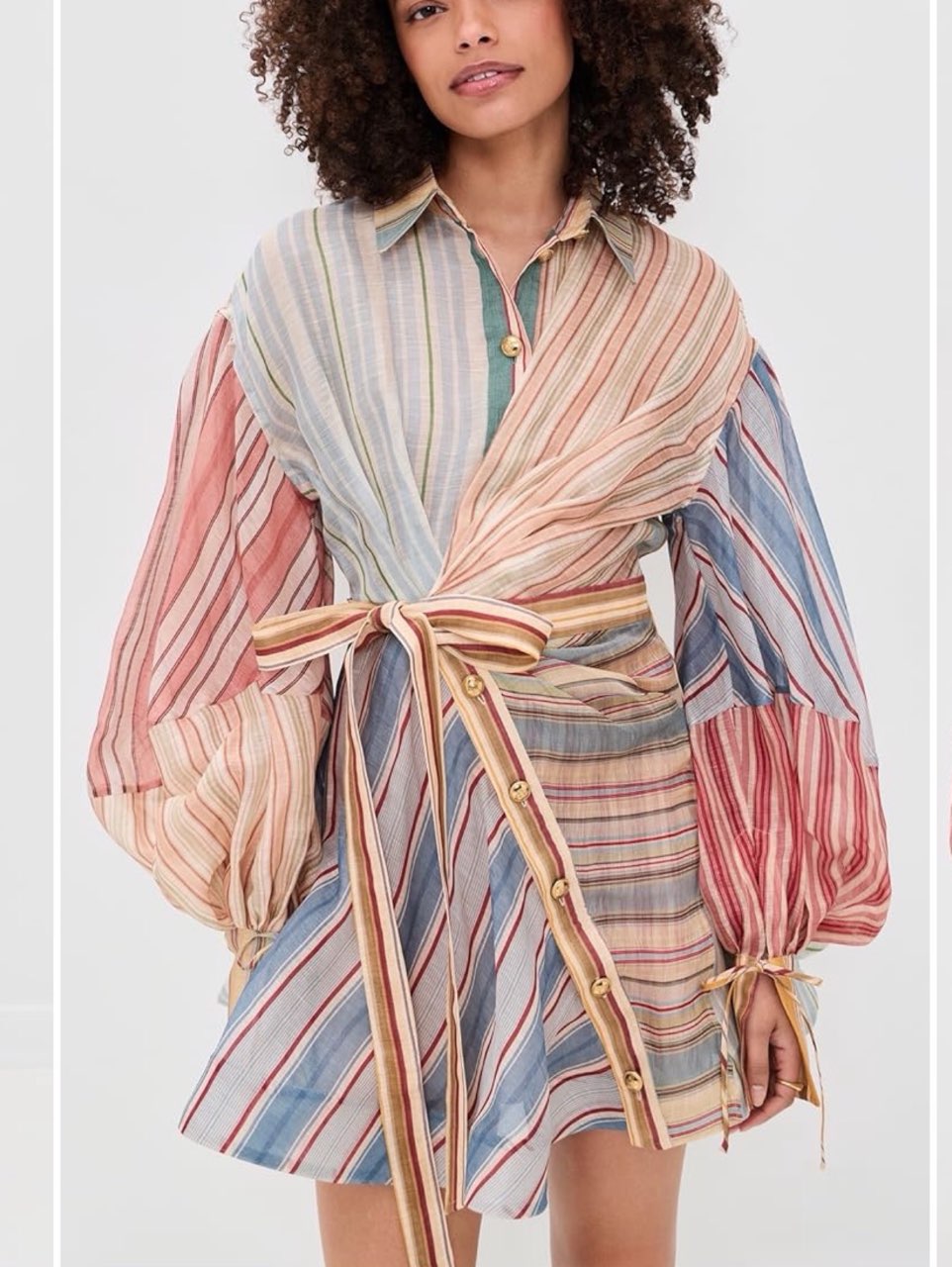 Multi-Stripe Voluminous Sleeve Wrap Mini Dress