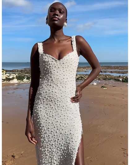 Off-White Pearl Embellished Midi Dress