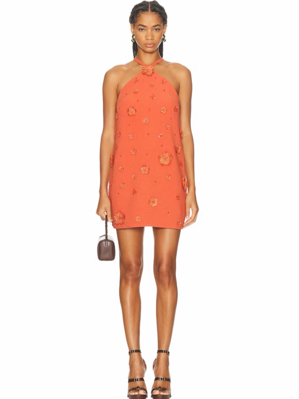 Coral Halter Mini Dress with Floral Embellishments