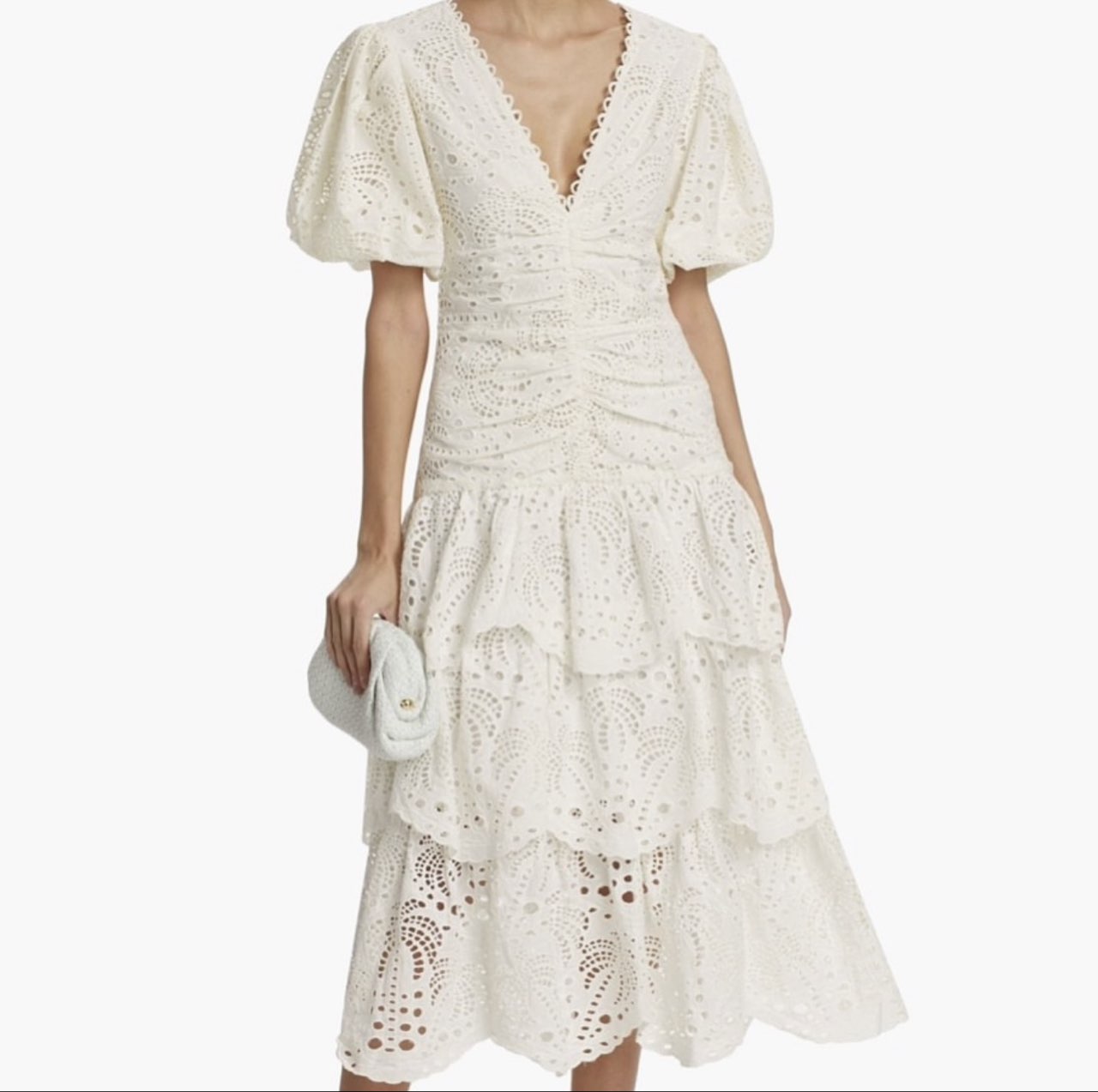 Farm Rio White Eyelet Tiered Midi Dress