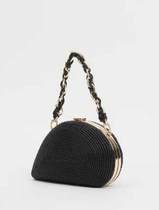 Black Woven Half-Moon Clutch Bag