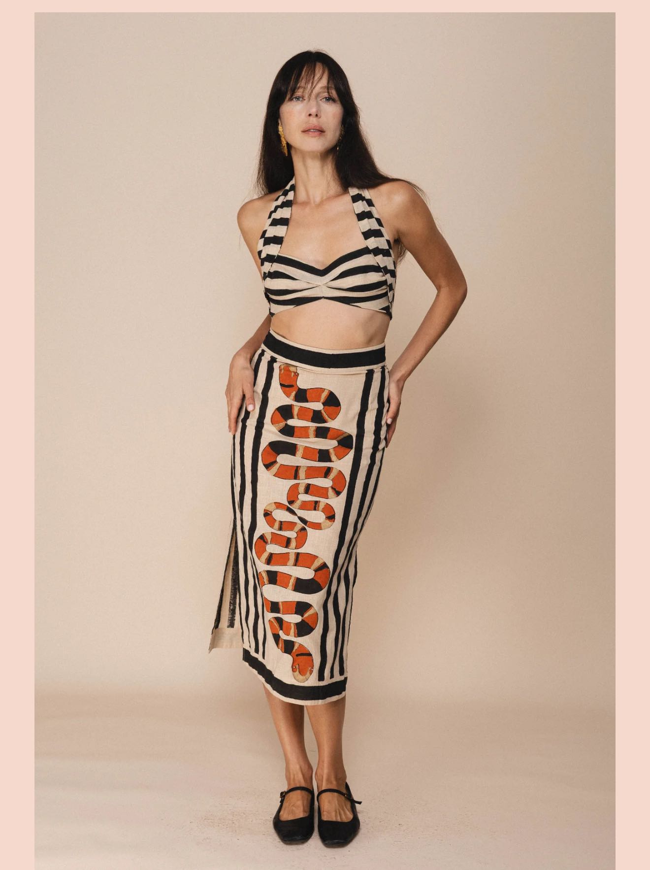 Striped Halter Crop Top and Snake Print Skirt Set