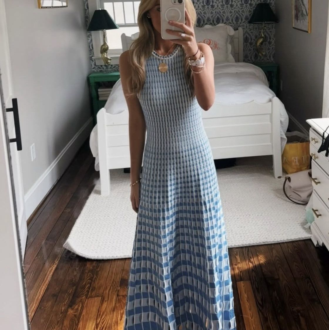 Simkhai Blue and White Geometric Knit Maxi Dress