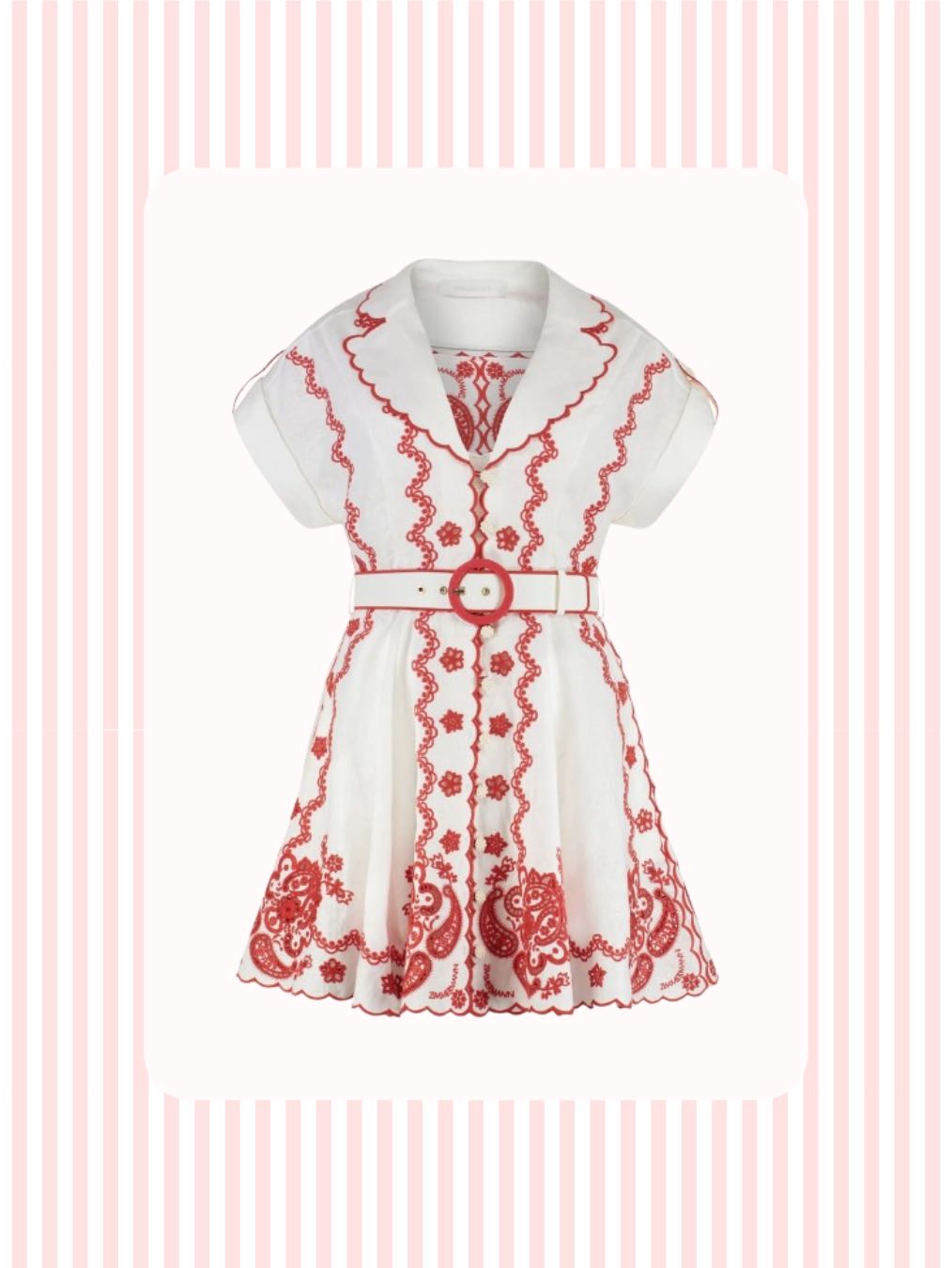 Red and White Embroidered Mini Dress