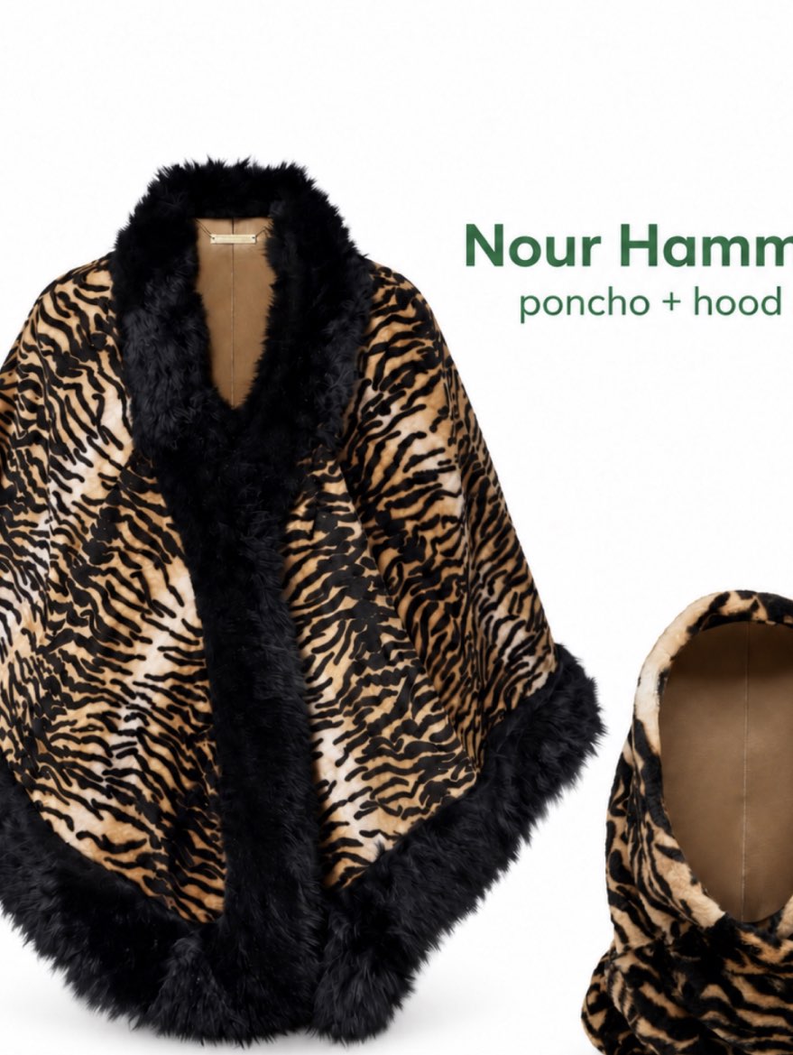 Nour Hammour Tiger Print Faux Fur Poncho with Hood