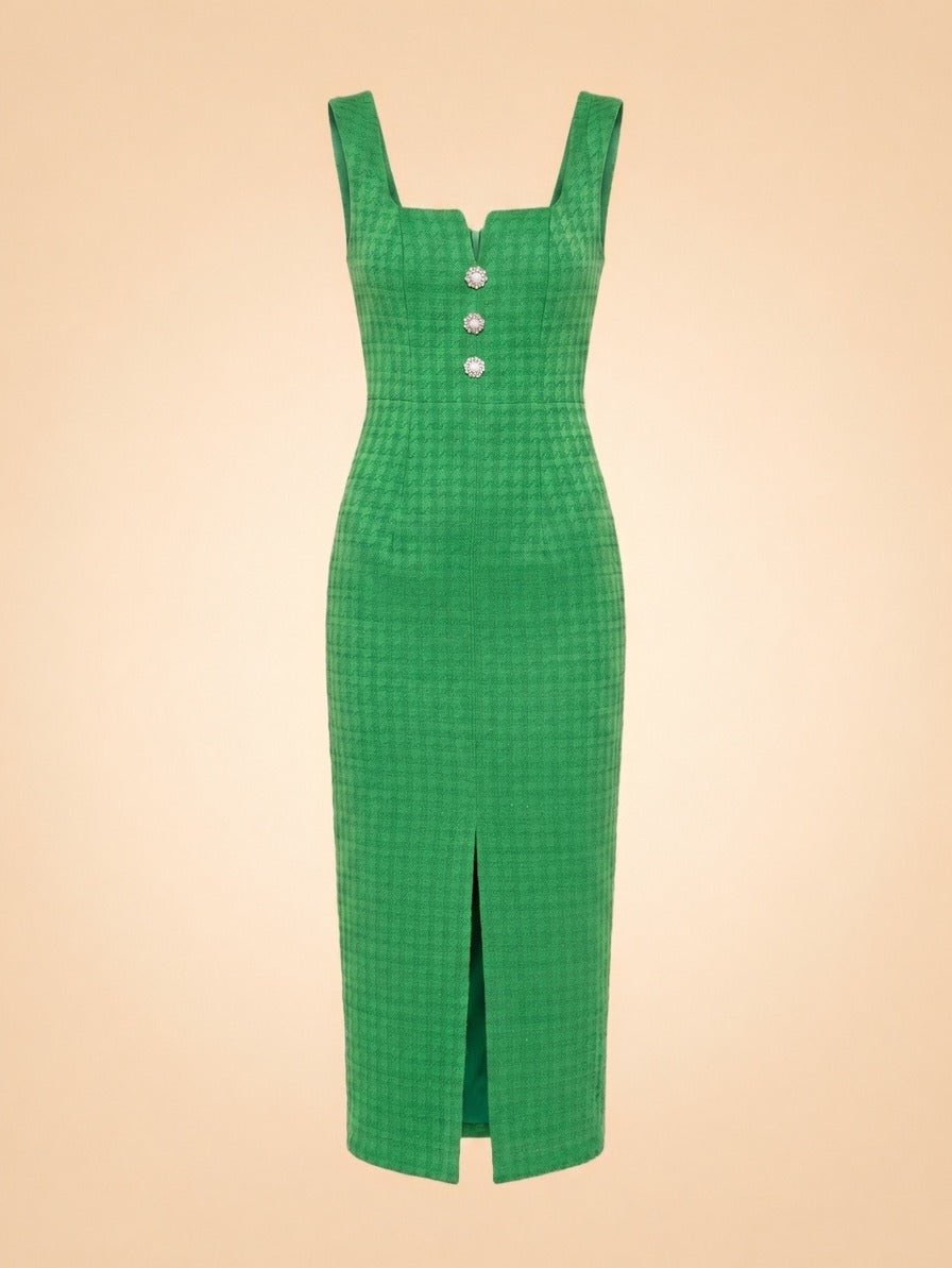 Emerald Green Square-Neck Midi Dress
