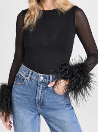 Black Mesh Feather Cuff Top