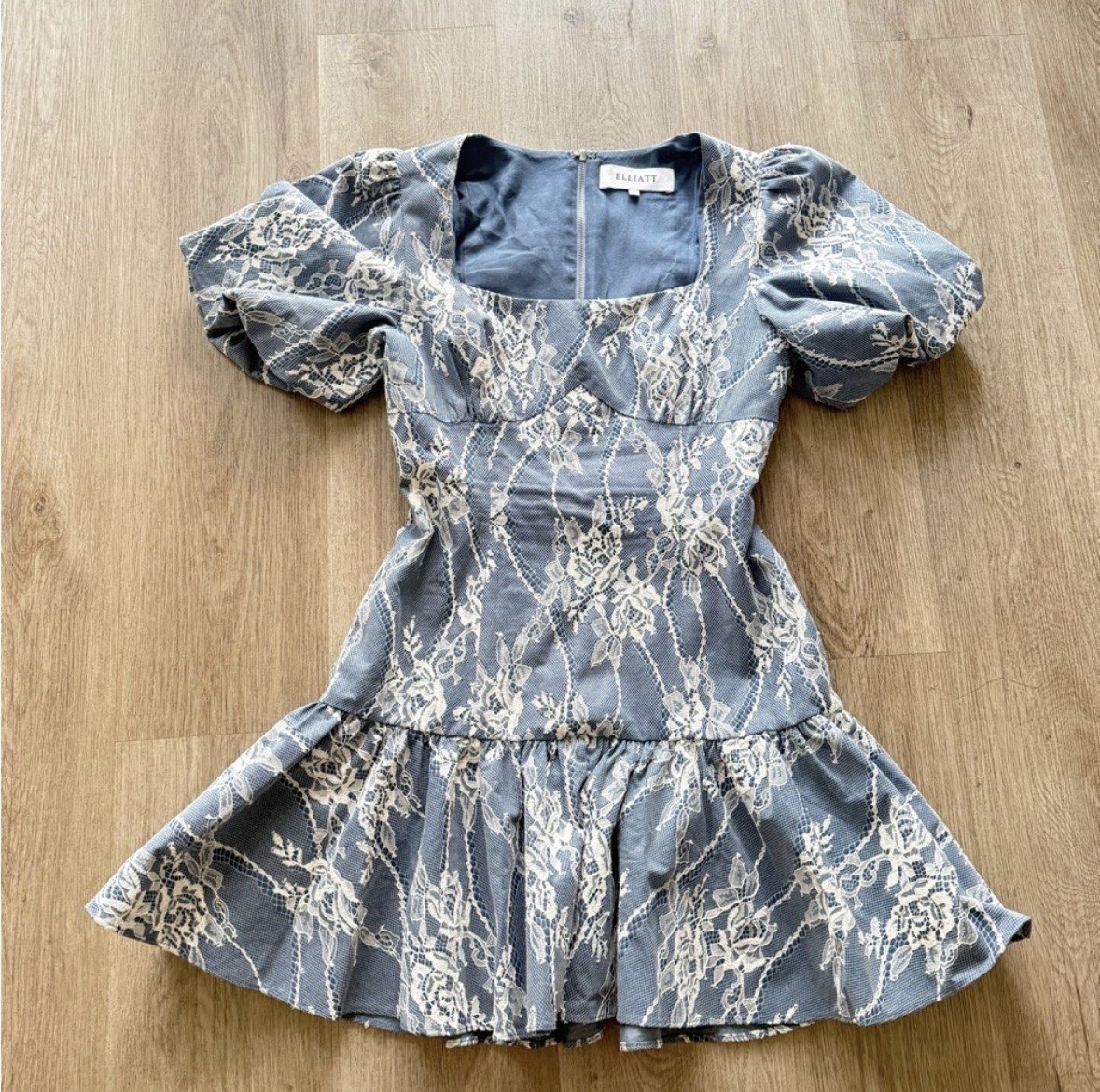 Elliat Safia Mini Dress Lace and Denim with Puff Sleeves