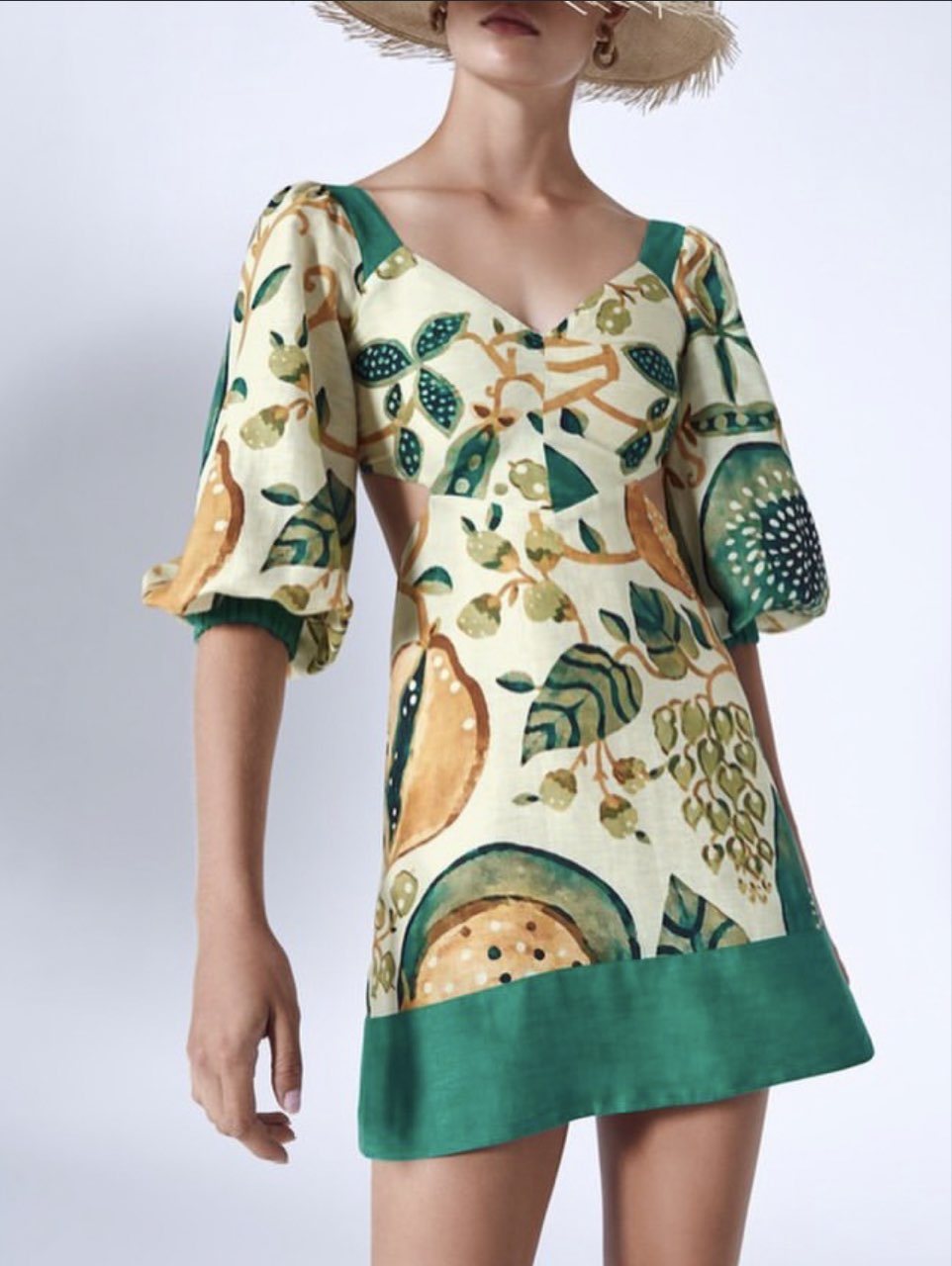 Tropical Fruit Print Mini Dress with Puff Sleeves