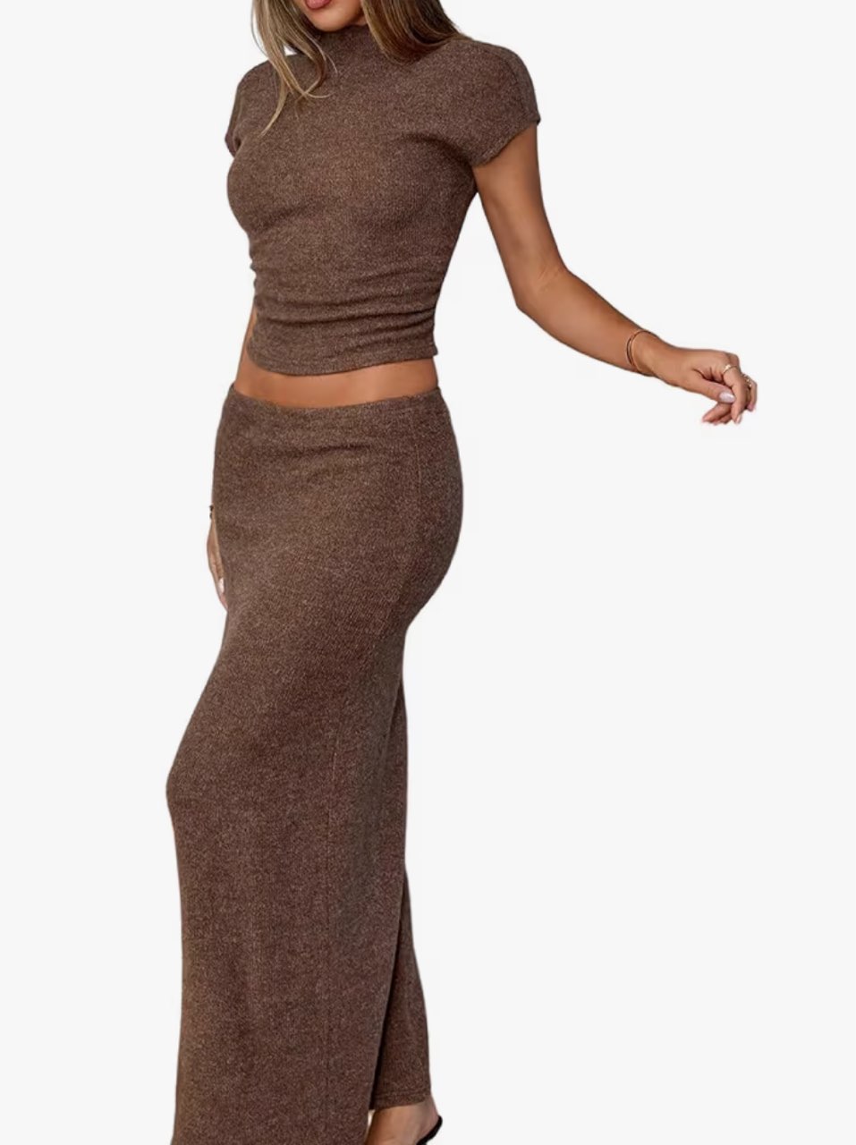 Brown Ribbed Crop Top and Maxi Skirt Set