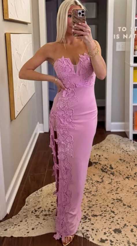Lavender Strapless Lace Appliqué Gown