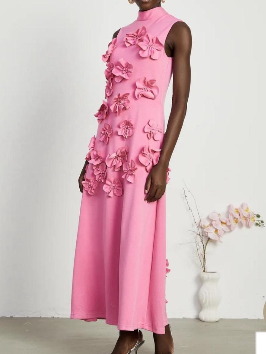 Pink 3D Floral Applique Midi Dress