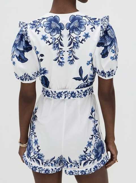 White and Blue Embroidered Romper