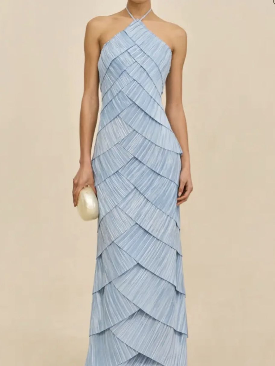 Light Blue Halter Pleated Tiered Gown