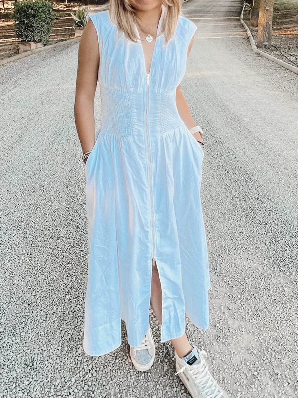 White Sleeveless Zipper Midi Dress