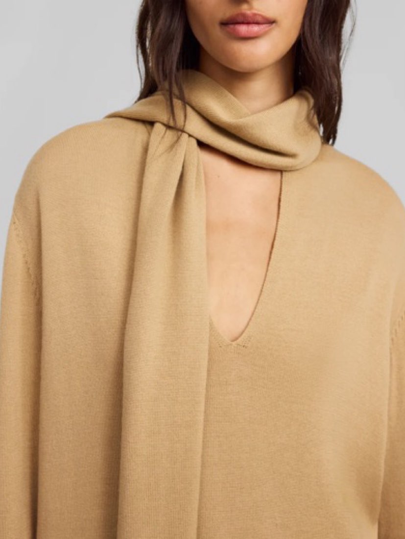 Camel V-Neck Sweater with Scarf Detail