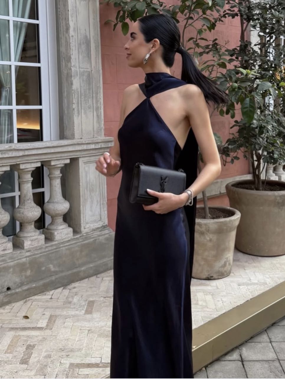 Navy Satin Halter Neck Dress