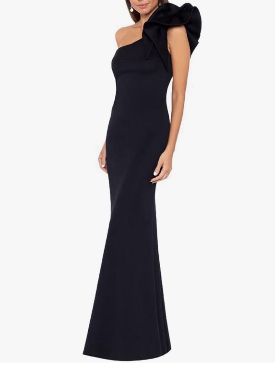 Betsy & Adam Black One-Shoulder Evening Gown