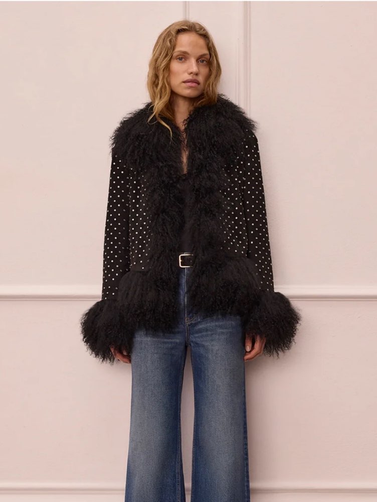 Charlotte Simone Black Studded Faux Fur Trim Jacket