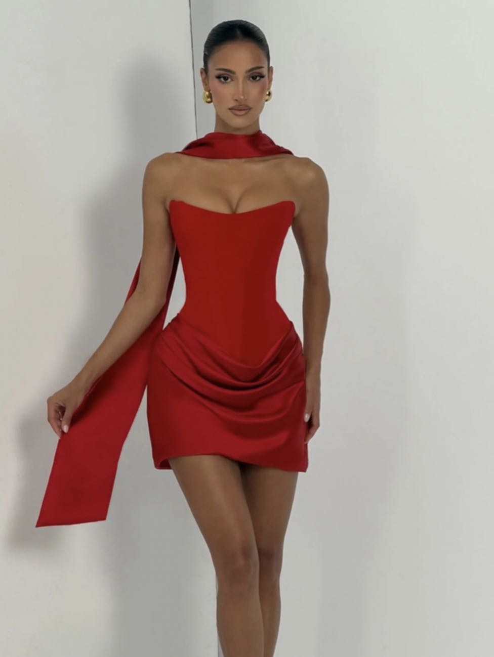 Red Strapless Mini Dress with Draped Detail