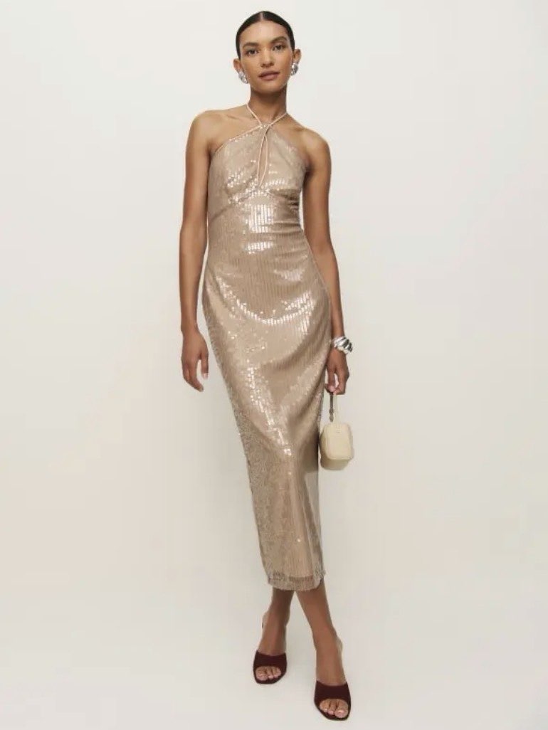 NWT Champagne Sequin Halter Midi Dress