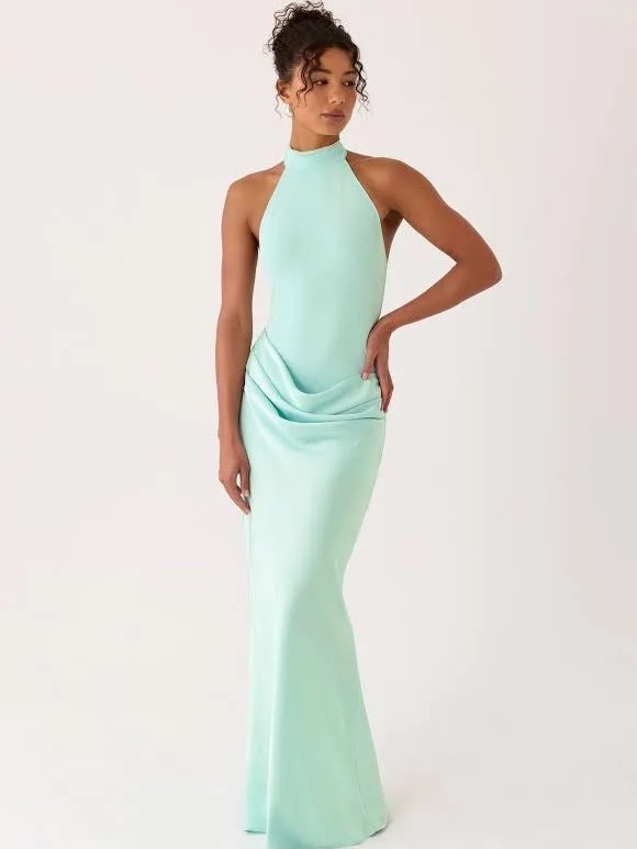 Mint Green Halter Neck Draped Maxi Dress