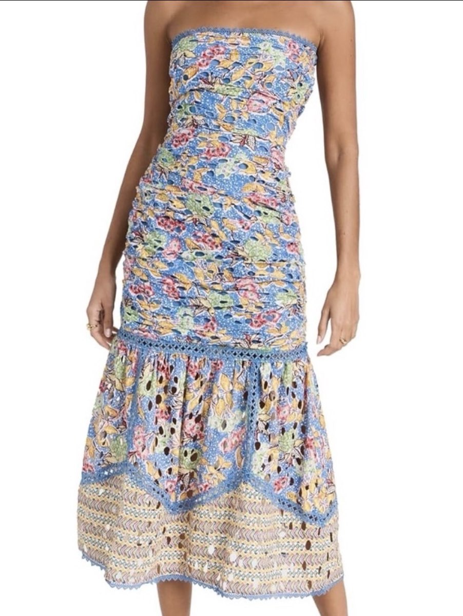 Hemant and Nandita Floral Ruched Strapless Midi Dress