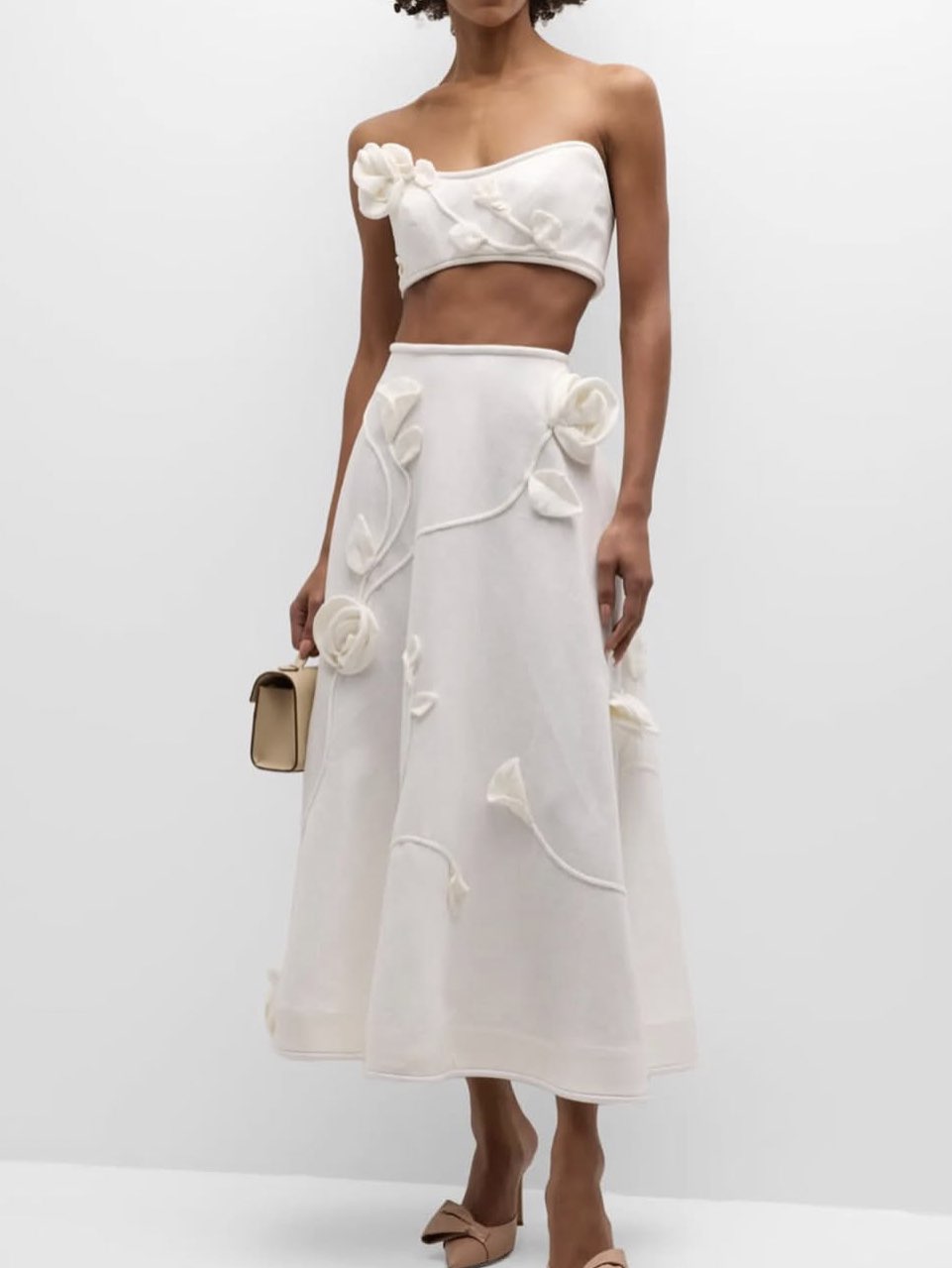 White Floral Applique Crop Top & Midi Skirt Set