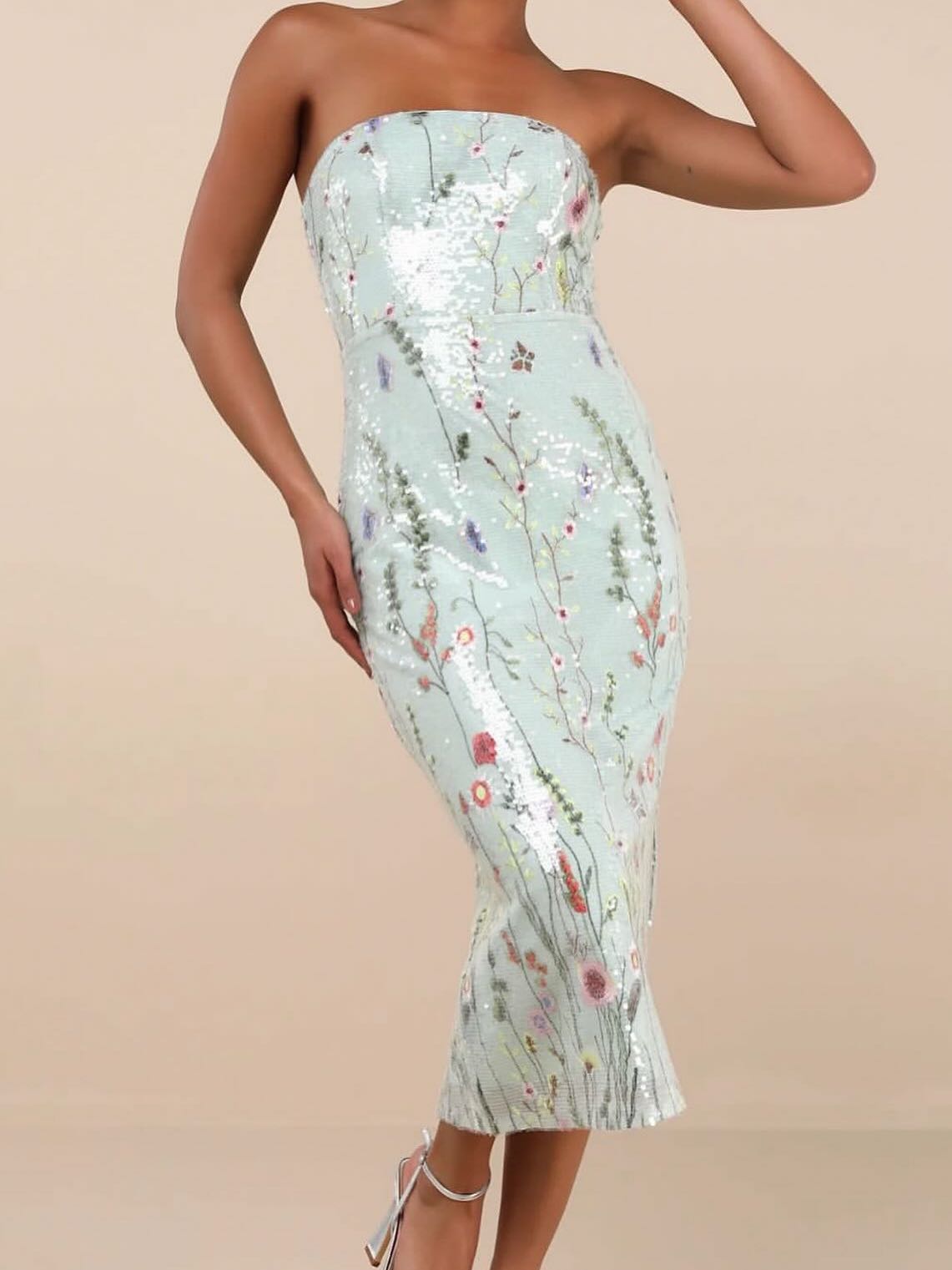 Sequin Floral Strapless Maxi Dress
