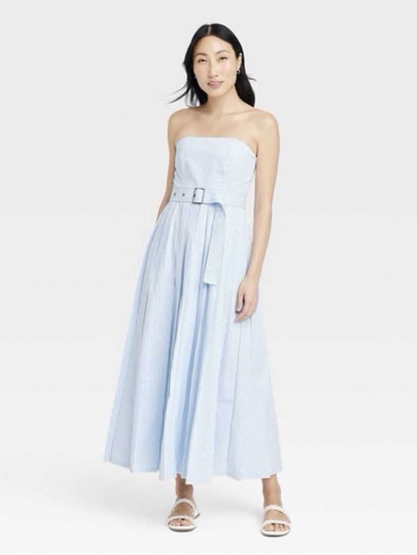 Light Blue Striped Strapless Belted Midi Dress