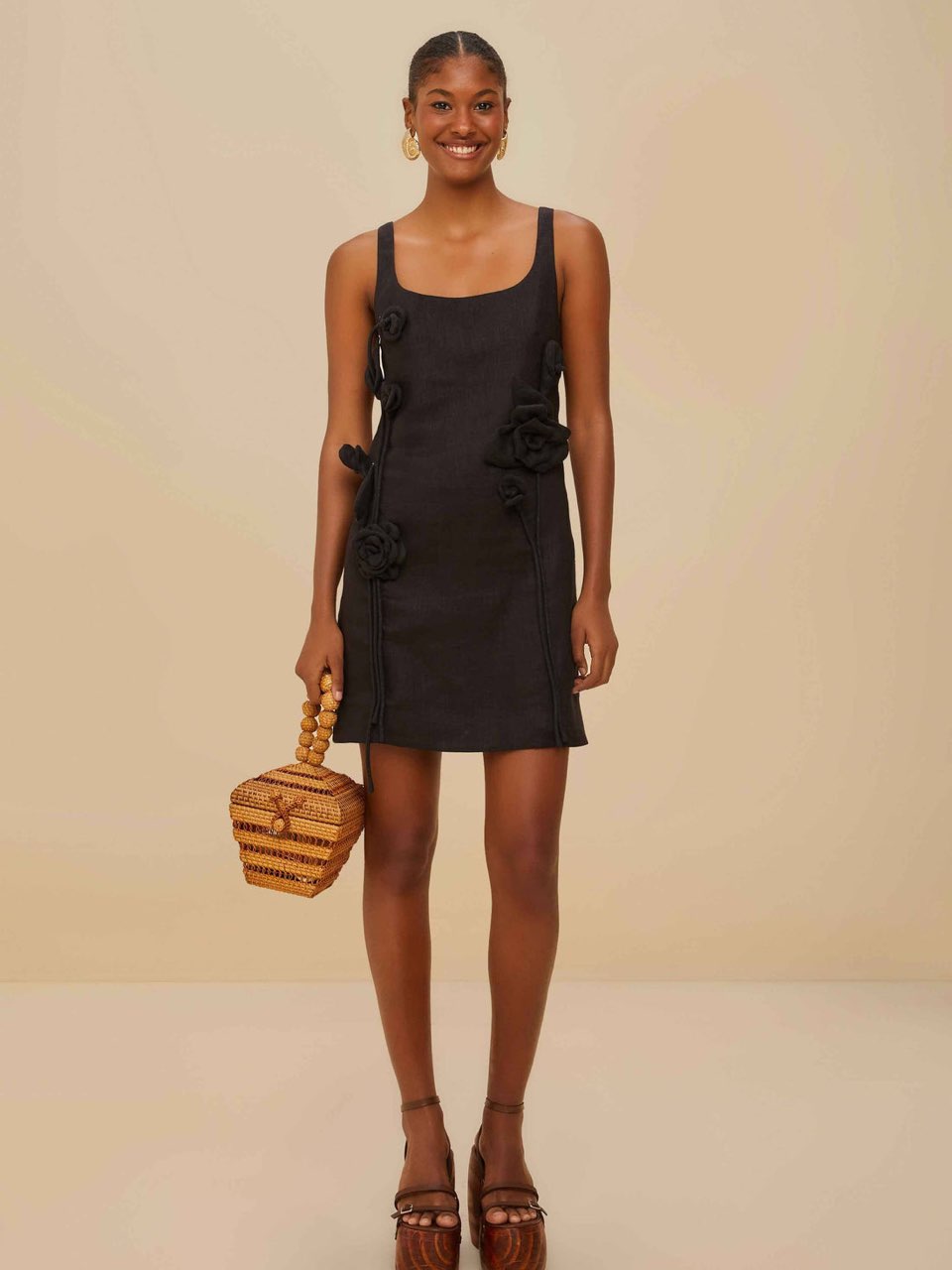 Farm Rio black mini dress with 3d flowers