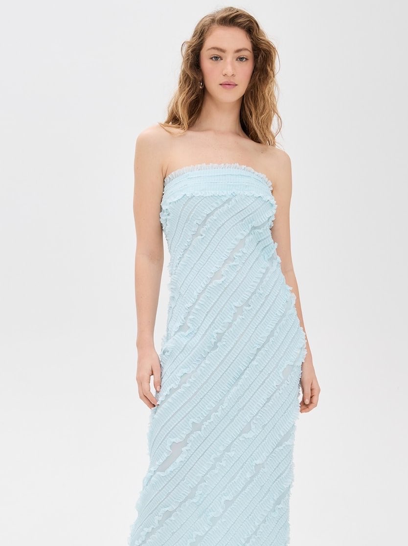 Light Blue Ruffled Strapless Midi Dress