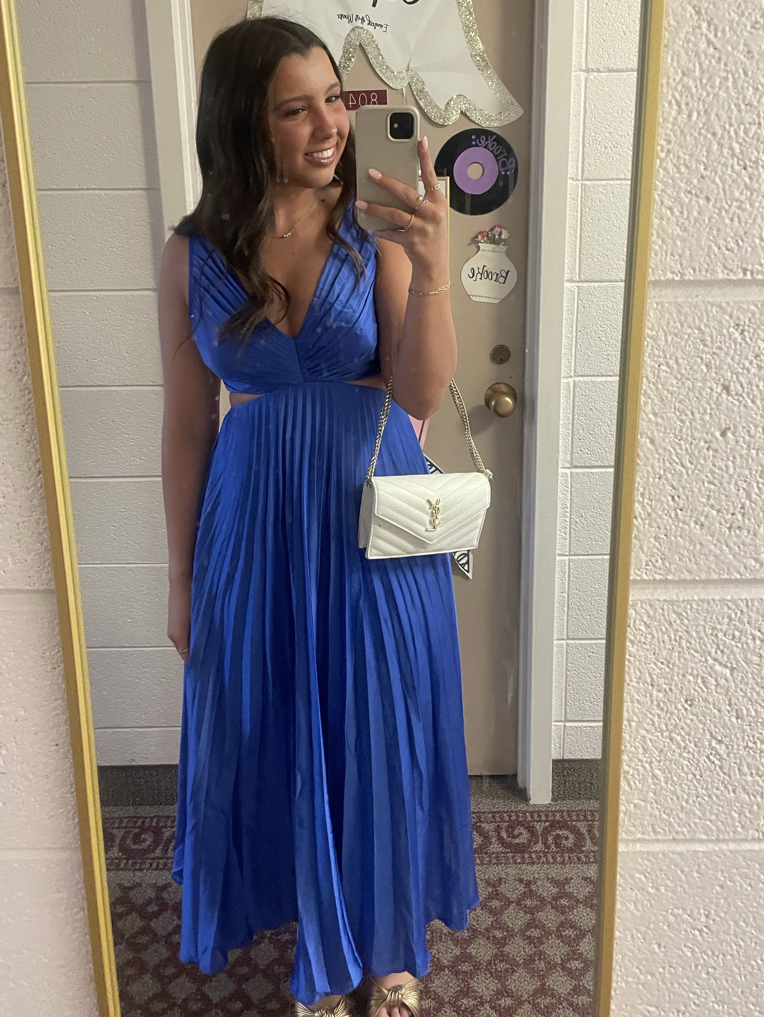 Blue Pleated Cutout Midi Dress