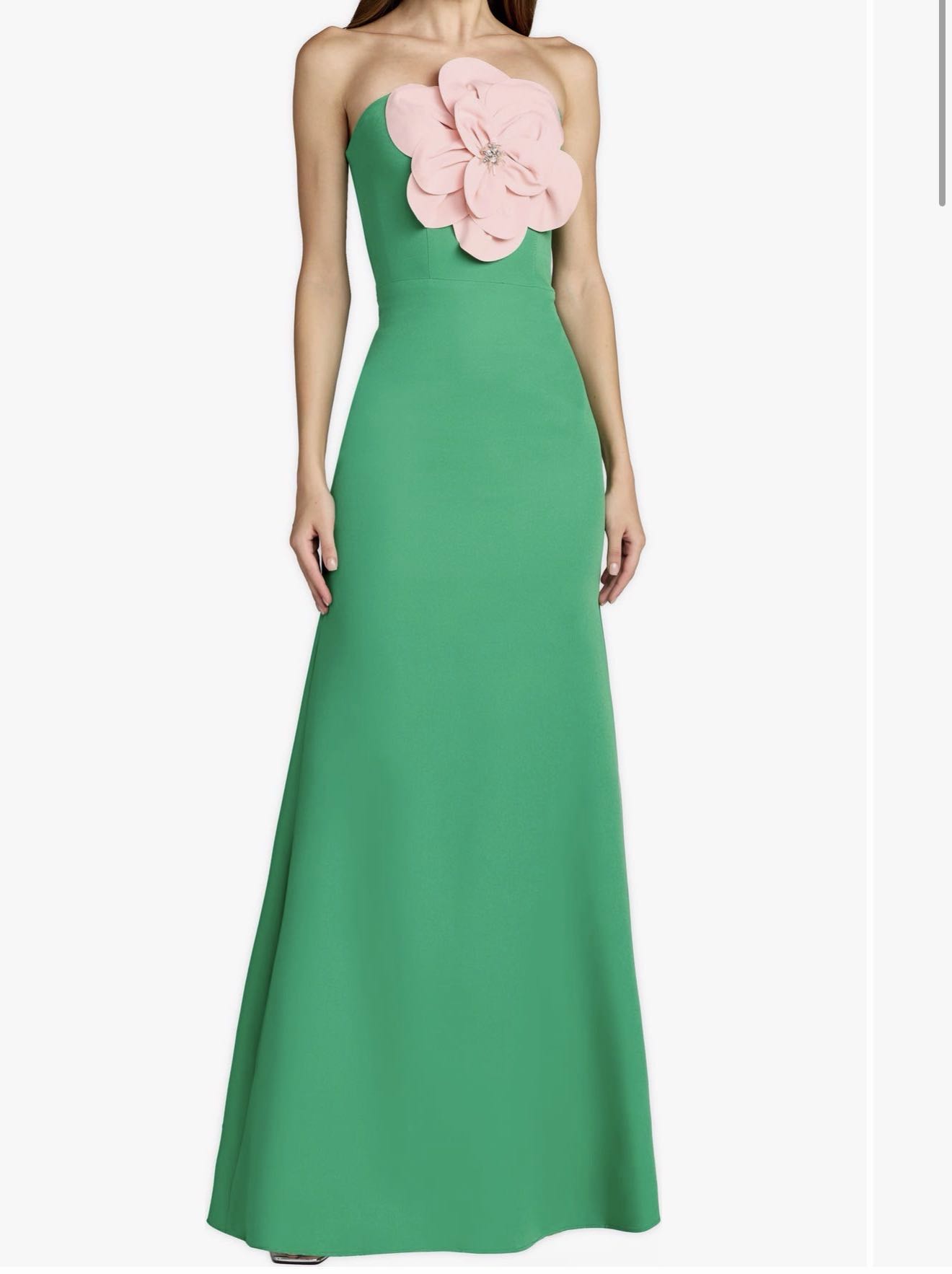 Mac Duggal Green Strapless Crepe Gown With 3D Flower