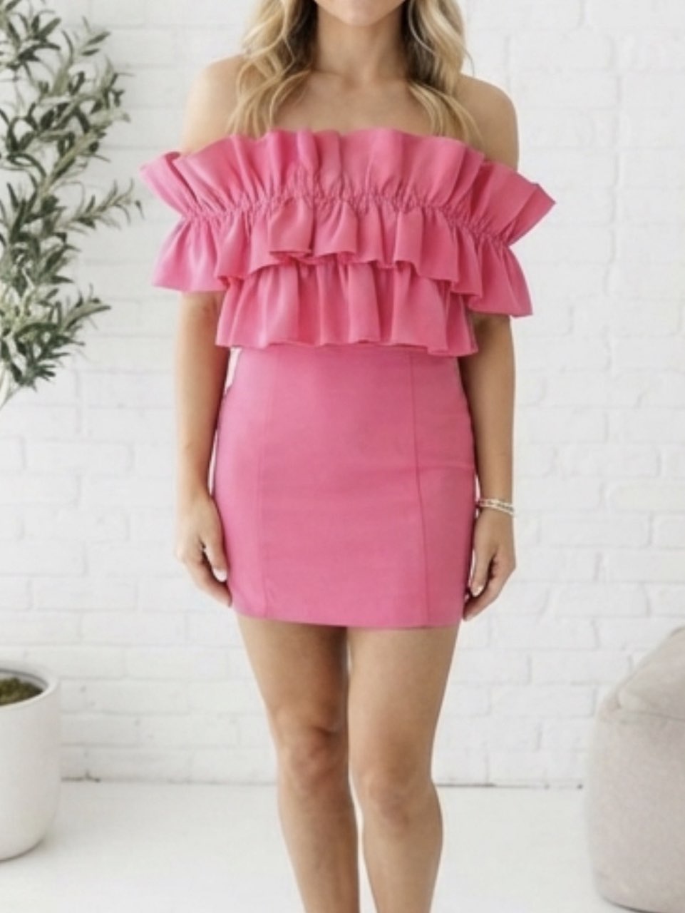 Pink Ruffled Off-Shoulder Mini Dress