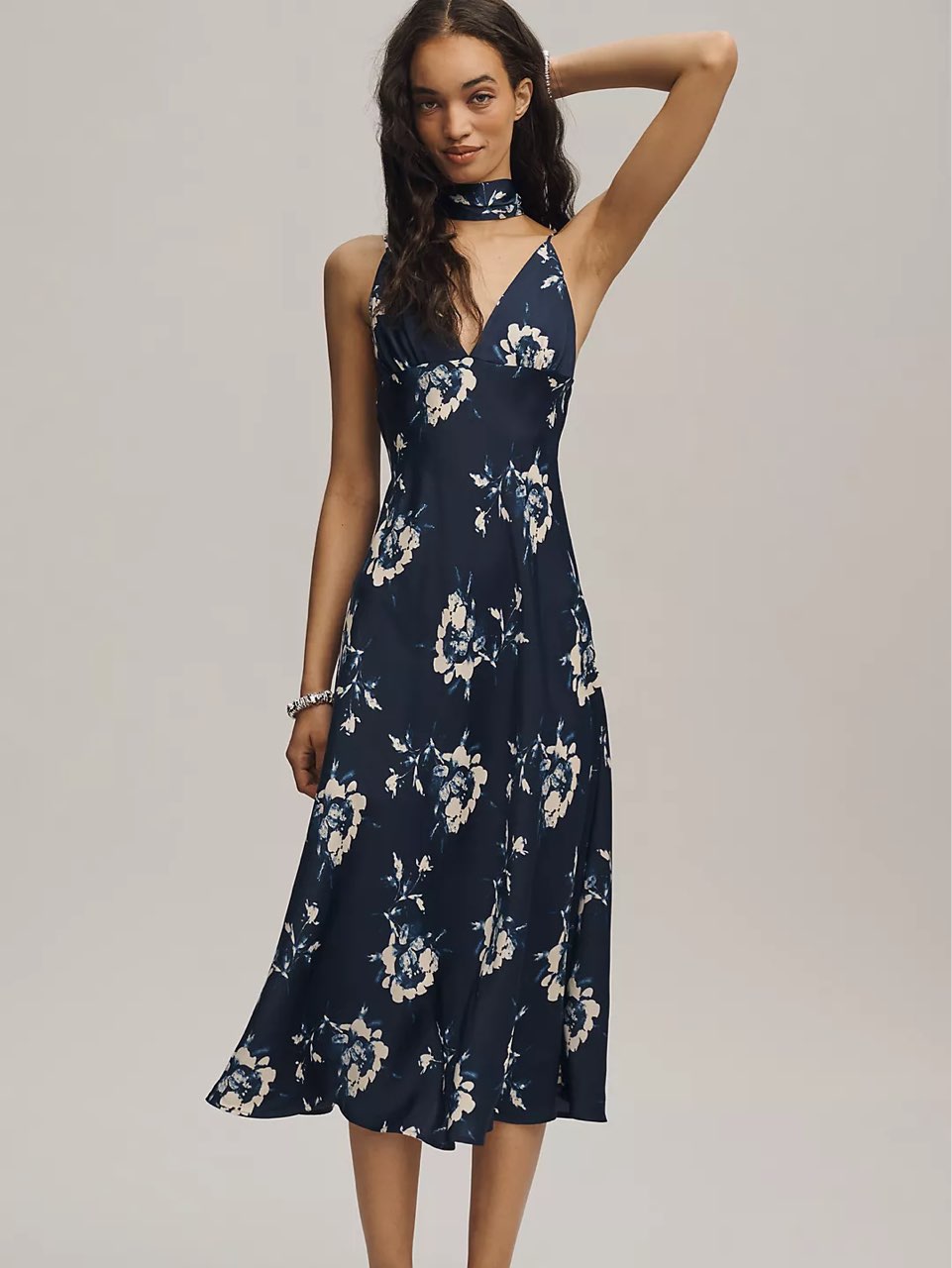 Navy Floral V-Neck Midi Dress