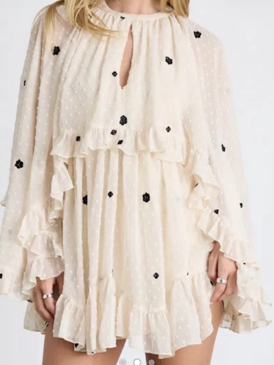 Rhozie Cream Embroidered Swiss Dot Cape Sleeve Tiered Mini Dress