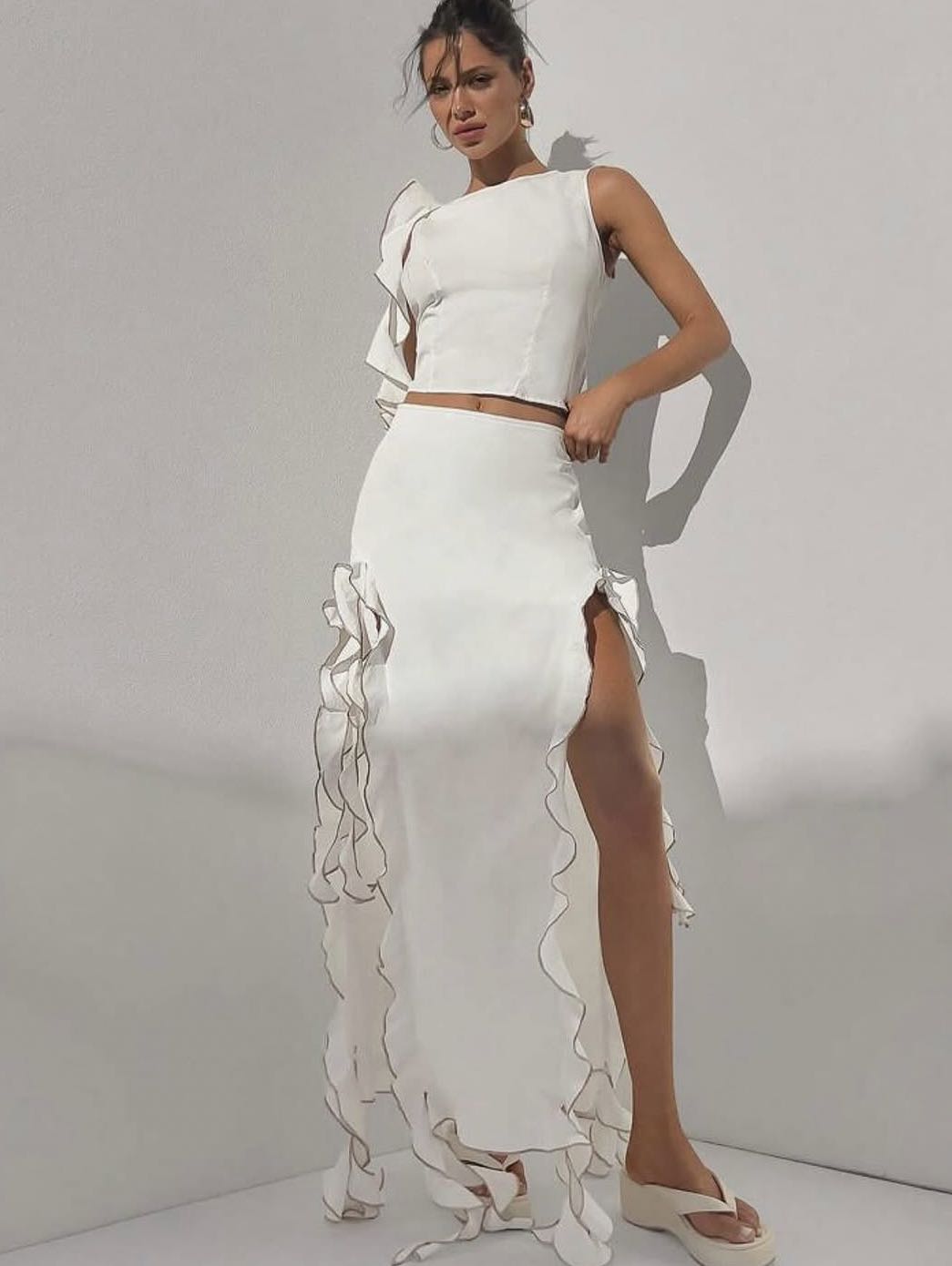 White Ruffled Two-Piece Set