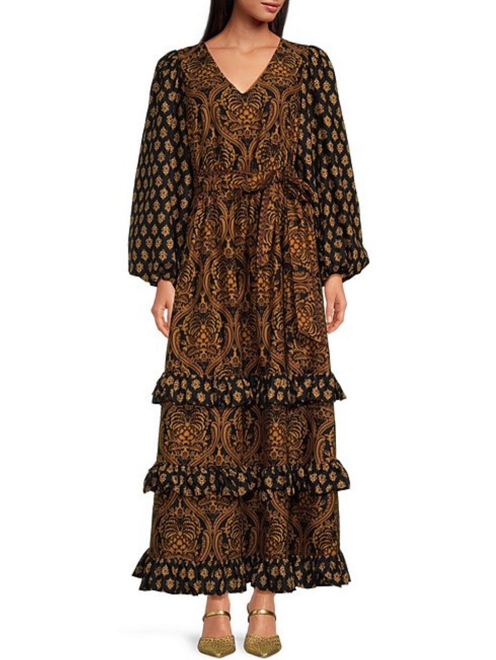 Voile V-neck Bubble Sleeve Waist Tie Tiered Ruffle Dress