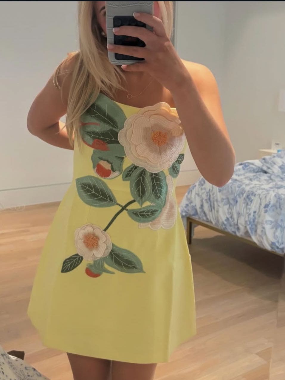 Yellow floral embellished mini dress