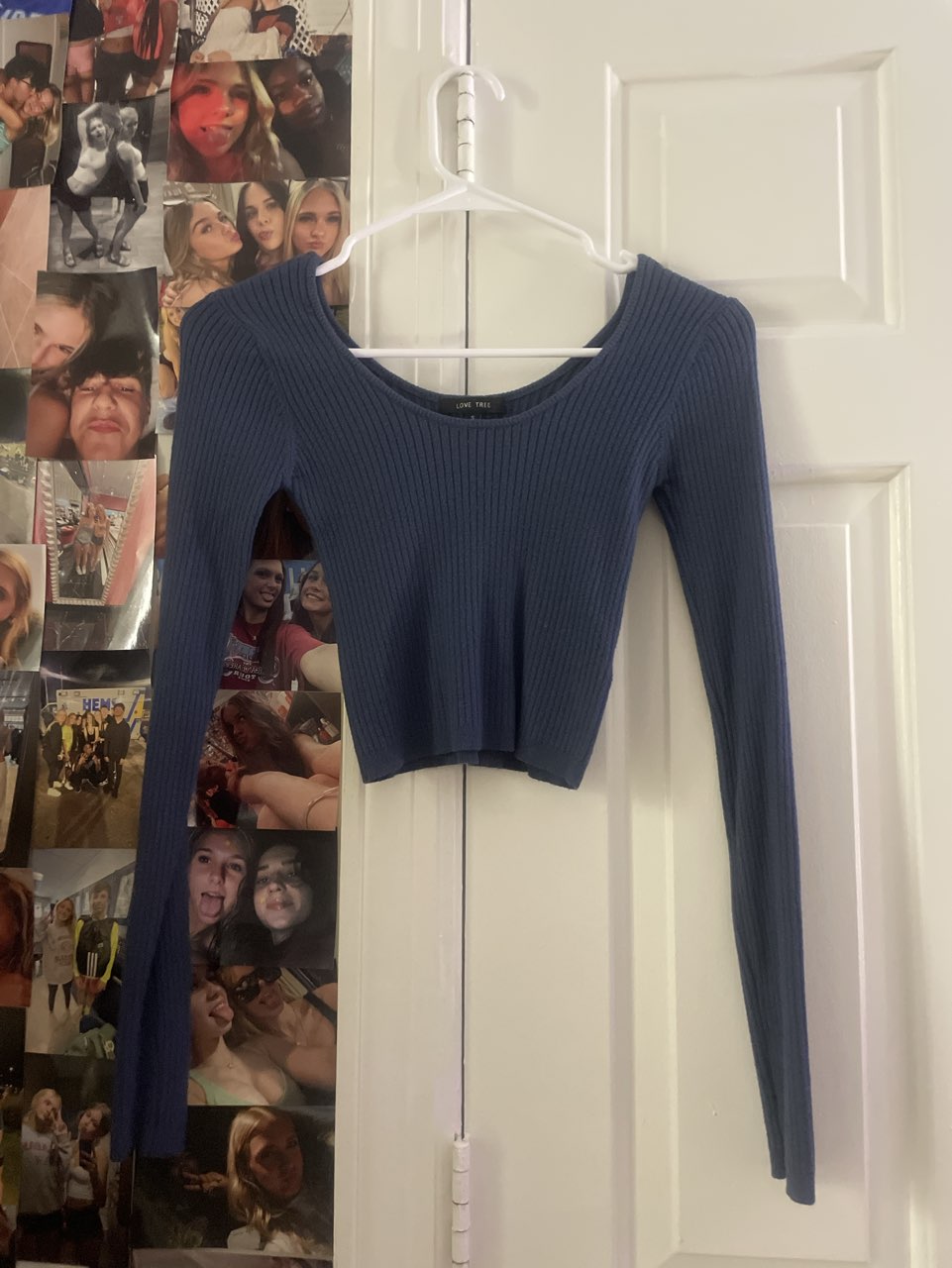 Blue Ribbed Long Sleeve Crop Top