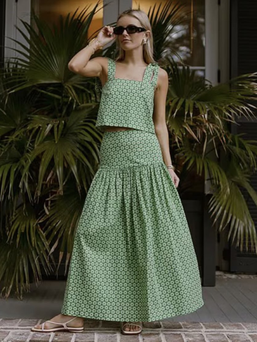 Green Floral Crop Top and Maxi Skirt Set