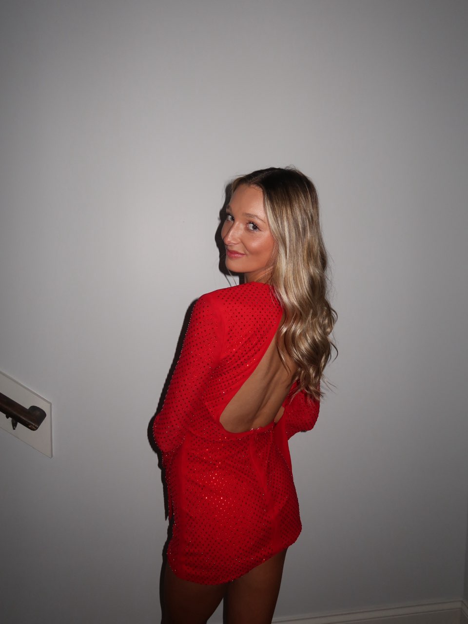 Red Embellished Open-Back Mini Dress