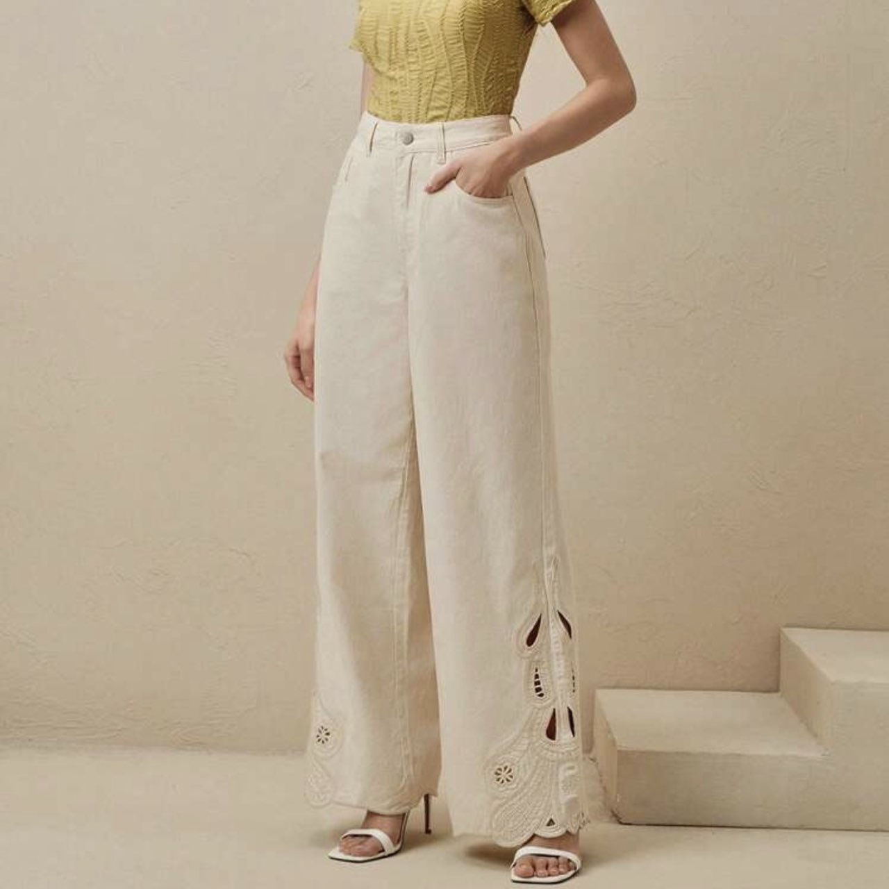 Botique Cream Denim Embroidered Wide-Leg Pants