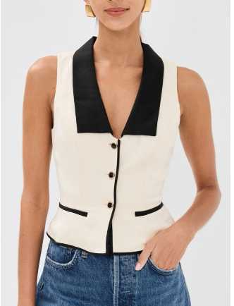Cream and Black Sleeveless Tuxedo Vest Top