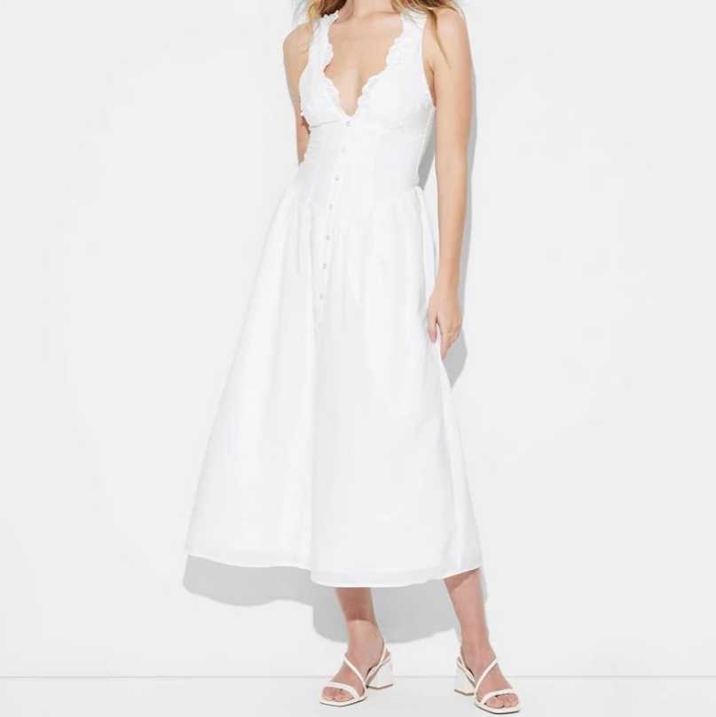 White Ruffle V-Neck Midi Dress