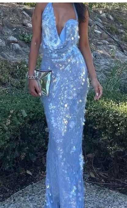 Light Blue Sequin Halter Cowl Neck Top